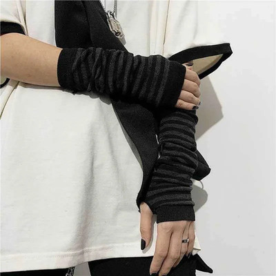 Punk Long Sleeves Fingerless Gloves Cuff for Women Men Stripe Hip-Hop Knitted El