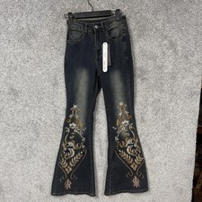 ROMWE Flare Jeans Womens XS 24x30 Blue Embroi...