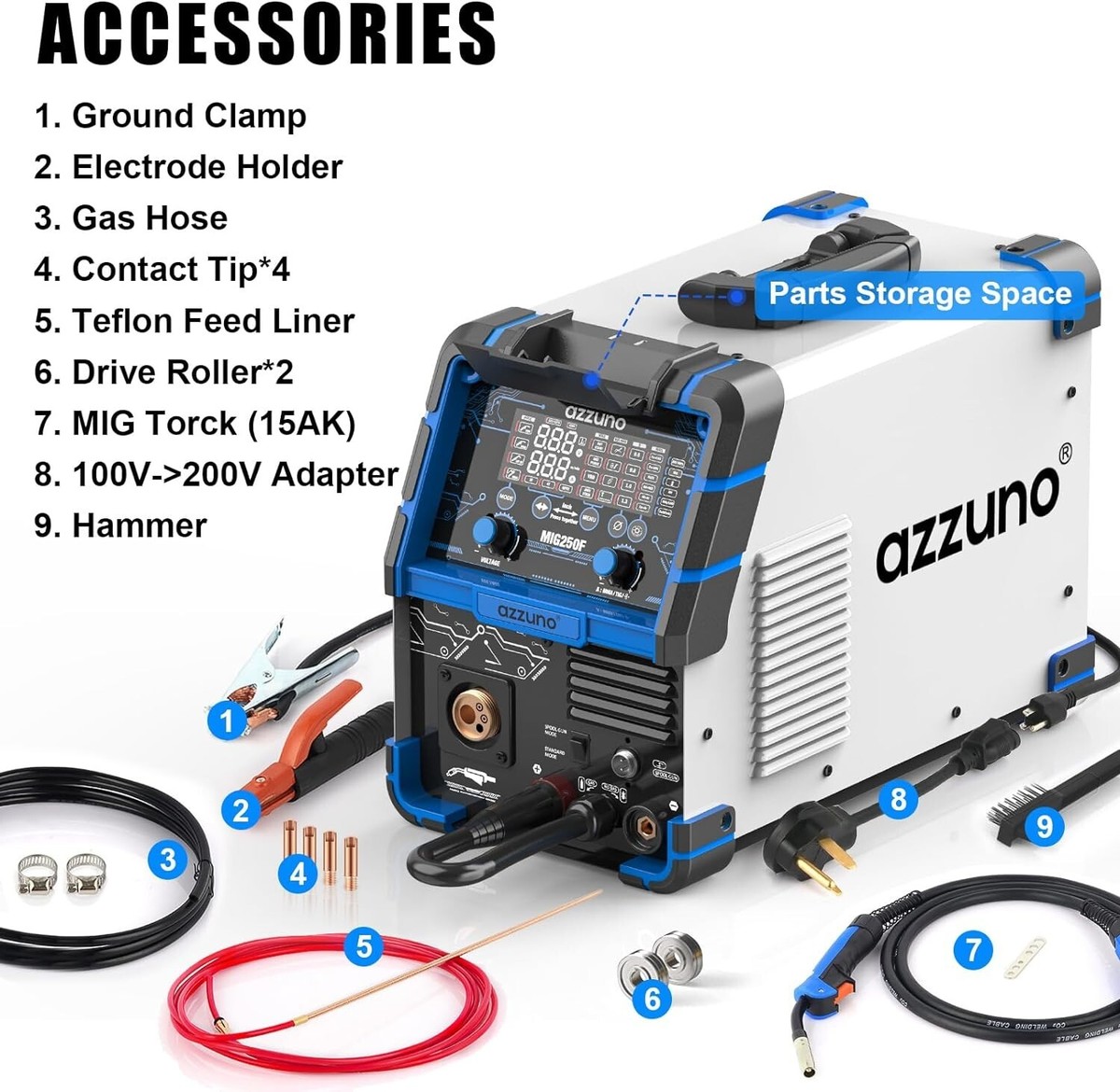 AZZUNO 6 in 1 Aluminum MIG Welder 250A 110V/220V LED Display