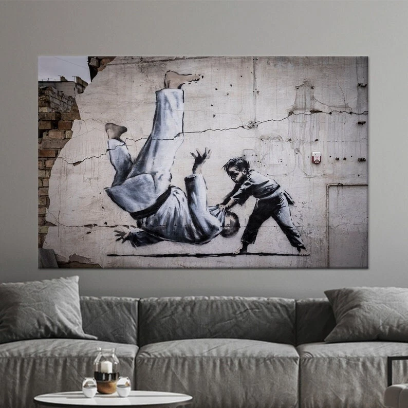 Banksy Judoka, Banksy War Canvas, Sports War Art, Judoka Graffiti Art,  Banksy - Image 2 of 4