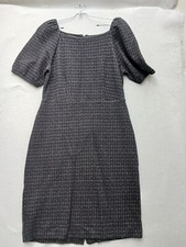 Ann Taylor Sheath Dress 8 Gray Grid Short Sleeve Square Neck Puff Sleeve Knee