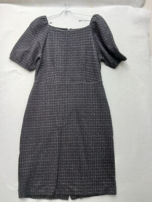 Ann Taylor Sheath Dress 8 Gray Grid Short Sleeve Square Neck Puff Sleeve Knee