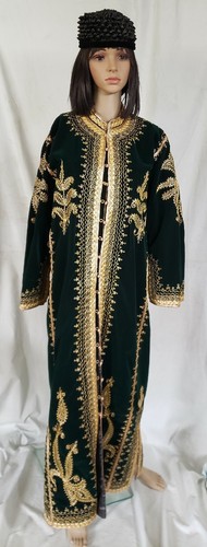 Vintage Hand stitched Caftan Robe Moroccan Green Velvet S /M TALL, satin Lined - Picture 2 of 18