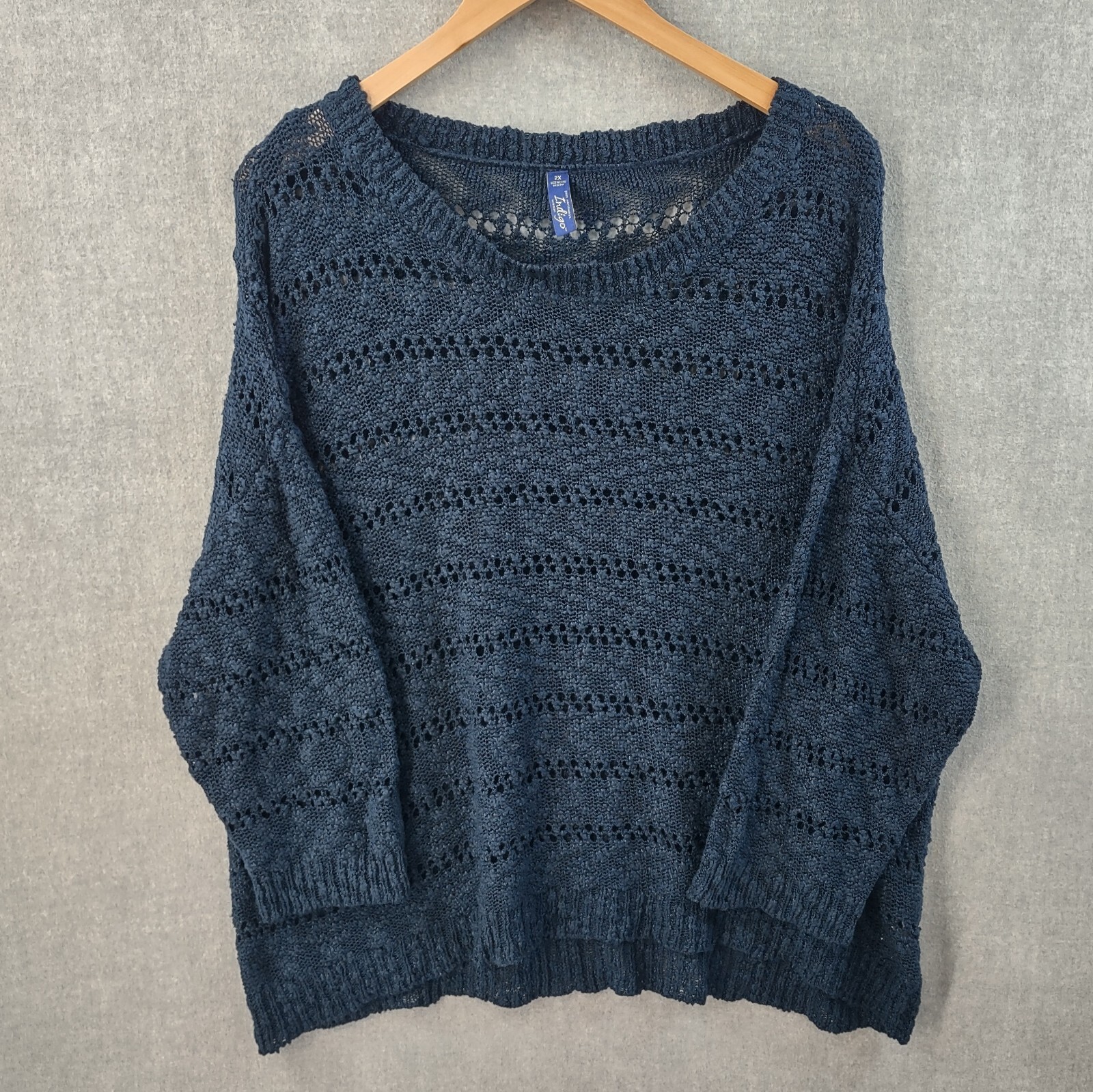 Womens Bohemian Sweater 2X Indigo Blue Crochet Dolman Slub Scoop Long Sleeve