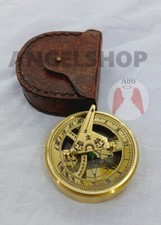 Nautical brass sundial pocket compass with leather case vintage gift