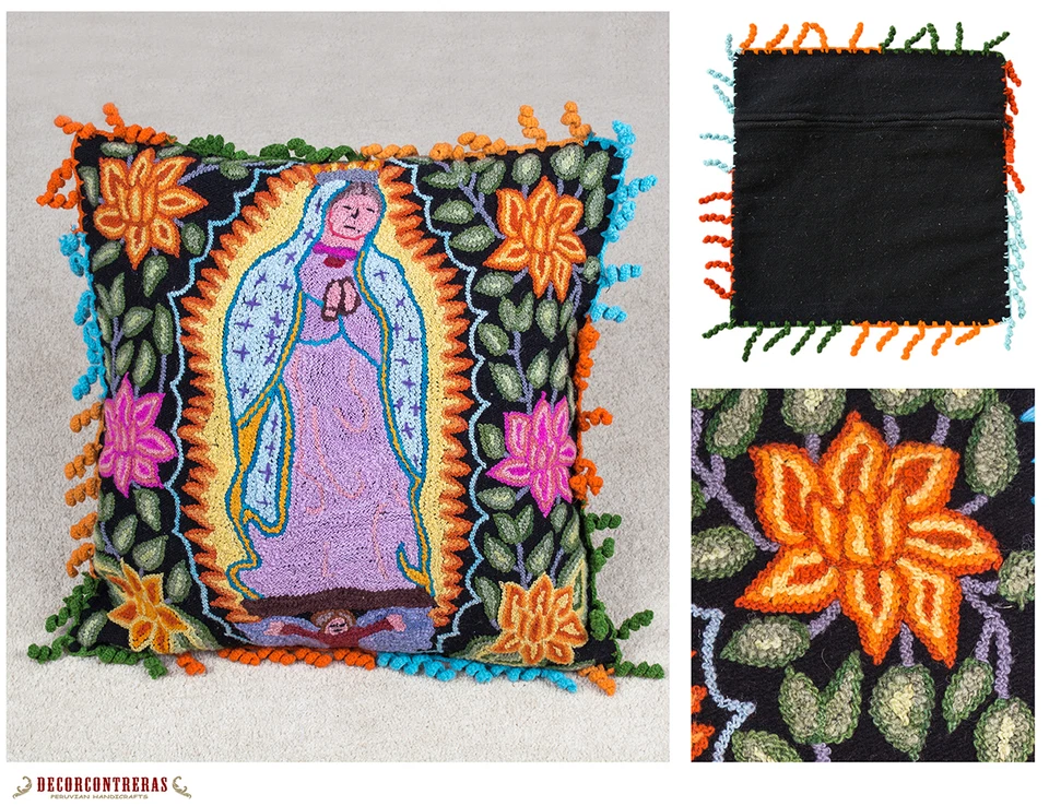 Peruvian Embroidered Pillow 100% Sheep Wool - Black Cushion cover 18" Home Decor - Image 3 of 4