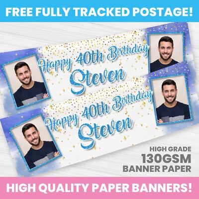 PERSONALISED PHOTO BIRTHDAY BANNER ANY NAME PARTY DECORATION BLUE GLITTER