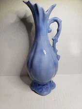 Vintage Ewer Vase Blue Pitcher With Handle 11.5 Inches
