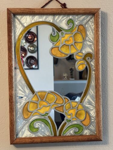 Vintage Stained Glass Flower Art Mirror Solid Oak Frame 19”x13” - Picture 1 of 10