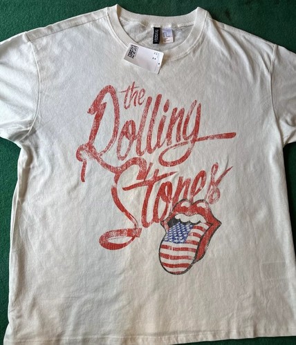 H&M Divided THE ROLLING STONES Adult Medium USA Logo Off-White T-Shirt Top - Picture 2 of 6