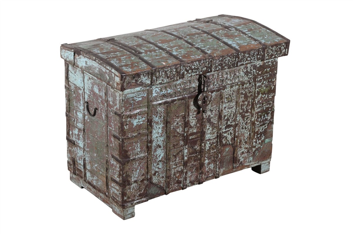 Painted Iron Bound Teak Chest From Gujarat - 18th Century Painted Iron Bound Teak Chest From Gujarat - 18th Century