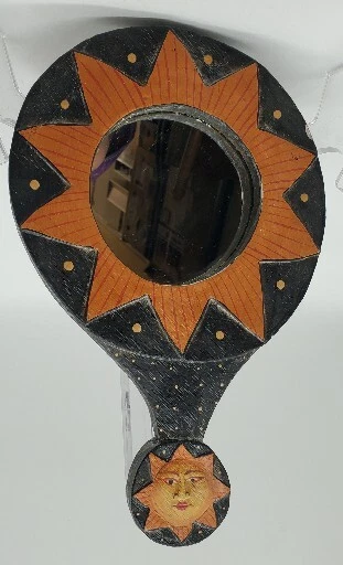 Boho Handmade Hand Mirror Carved / Painted Wooden Suns  - Image 2 of 4