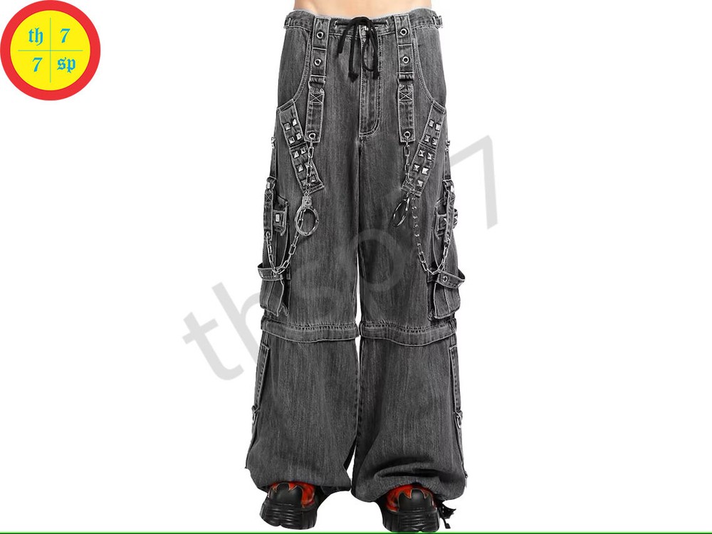 New Men Gothic Light Grey Denim Pants Handcuffs Convertible Shorts Punk Trousers