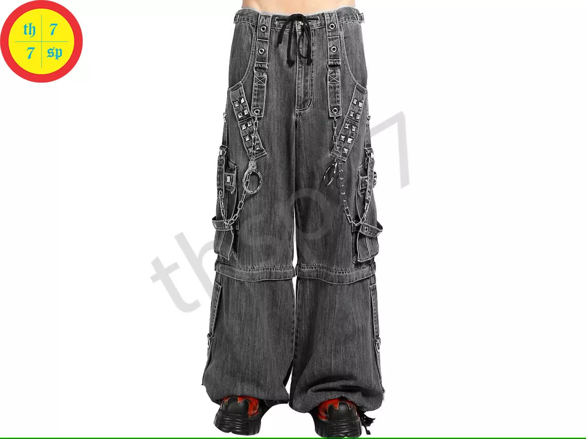 Men Goth Light Grey Denim TRIPP Pants Handcuffs Convertible Shorts Punk  Trousers