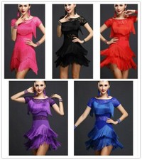 Latin Salsa Dance Dress Cha Cha Tango Ballroom Costume Fringe Rumba Tassels Lace