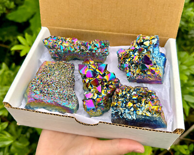 Rainbow Aura Amethyst Cluster Gift Box 5 - 6 Pieces (A Grade Titanium Metallic)