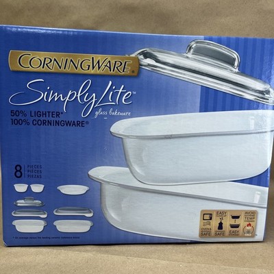 CorningWare Simply Lite Set 8 Pieces Glass Bakeware & Lids White NEW SEALED USA