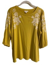 J. Jill Yellow Embroidered White Flowers Top Size Medium Cotton/Modal Soft