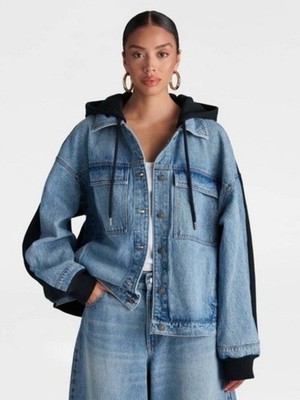  NEW w/tag KBB by Kahlana Denim Jacket Hoodie Black Fleece Sleeves size Large