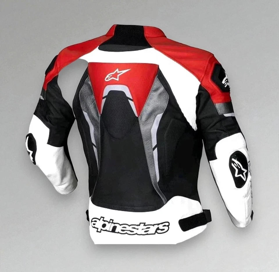 Chaqueta Alpine Star totalmente protectora de cuero genuino para carreras de motocicletas. Foto 2 de 4