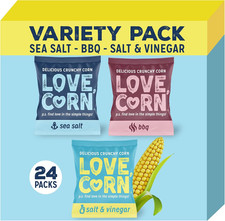 LOVE CORN Variety Pack Sea Salt, BBQ, Salt & Vinegar - (24 X 20G) High Fibre Sna