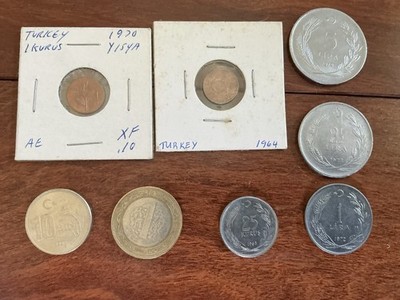Turkey Coin Lot (4): 10 Bin Lira 1997, 1 Lira 2014, 25 Kurus 1963