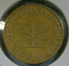 WORLD COIN SALE--1988-J  GERMANY  10 PFENNIG--BRASS PLATED STEEL COIN-KM# 108