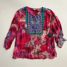 John Mark Nwt 3/4 Tie Sleeve Tassel Tie Neck Pink Floral Tunic Top 1X