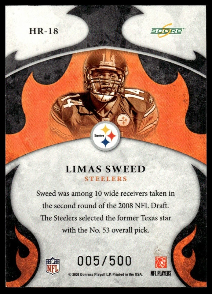 2008 Score #HR-18 Limas Sweed Hot Rookies Gold Zone #/500 - Image 2 of 2