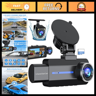 3 Channel Dash Cam Front & Rear, 2.5K 1440P, 170° Wide Angle, G-Sensor, Night Vi
