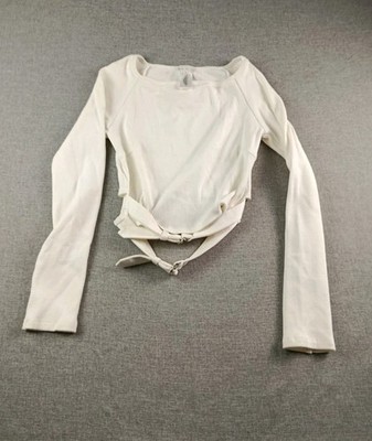 Fleur Du Mal Top Womens Large White Ribbed Long Sleeve Waist Double Buckle 
