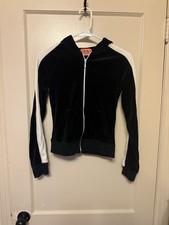 Black Velour Juicy Couture full-zip Hoodie White Stripes On Sleeves Vintage Y2K