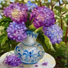 STILL LIFE Hydrangea in vintage blue ceramic vase Original Oil Painting
