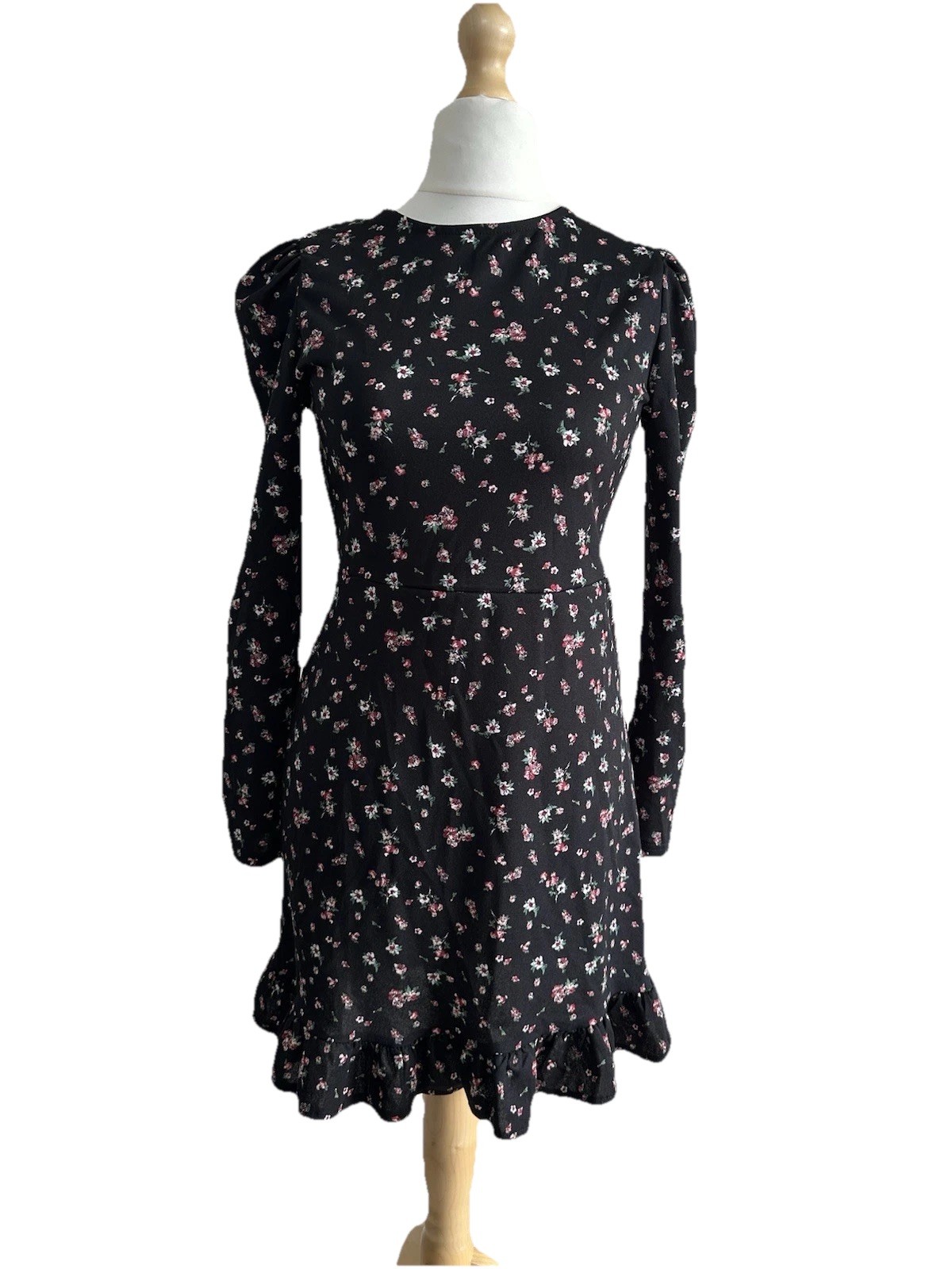 Mini Vestido Mango Floral M (Reino Unido 10/12) Negro Manga Larga Volantes Dobladillo