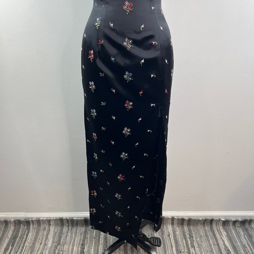 VINTAGE Jessica McClintock Black Dress Floral Asian Oriental Stand Collar Slit - Picture 3 of 8
