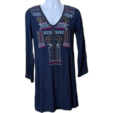 Luv2Luv navy viscose A-line dress size Medium embroidered crepe 90's boho flowy