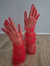 red Halloween Wedding Bridal Prom Sheer Tulle Long Elbow Gloves Party Opera 