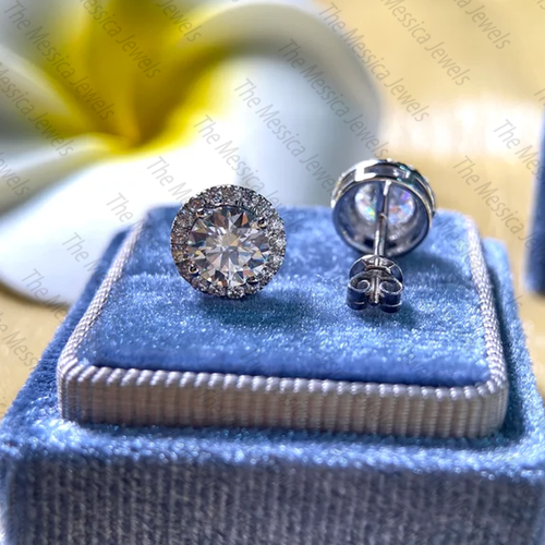 Pendiente trasero con halo de moissanita de corte redondo enchapado en oro blanco de 14 k 2,54 TCW - Imagen 8 de 12