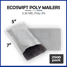 2500 5 x 7 ECOSWIFT WHITE POLY MAILERS SHIPPING ENVELOPES SELF SEAL BAGS 2.35MIL