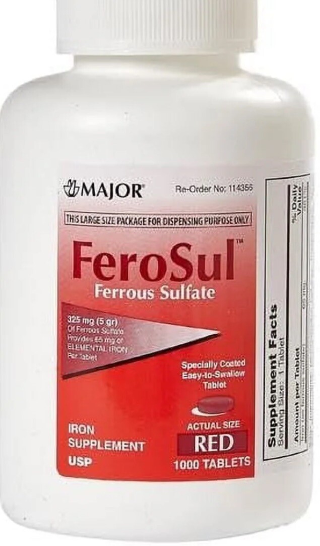 Major FeroSul 325 mg Ferrous Sulfate Iron Supplement - 1000 Red Tablets | Feosol