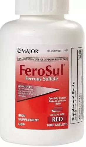 Major FeroSul 325 mg Ferrous Sulfate Iron Supplement - 1000 Red Tablets | Feosol