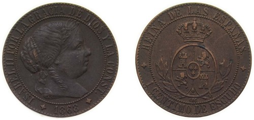 Spain 1868 OM 1 Escudo cent Bronze XF