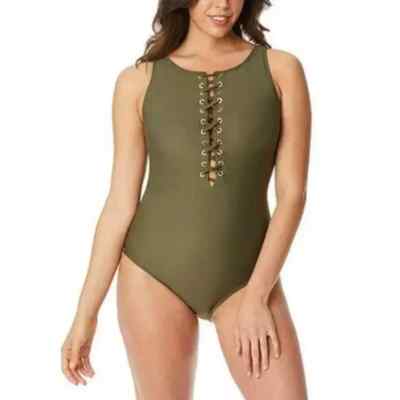 Beyond Control Solid Citizen Lace Up High Neck One Piece Swimsuit SZ 10 Green