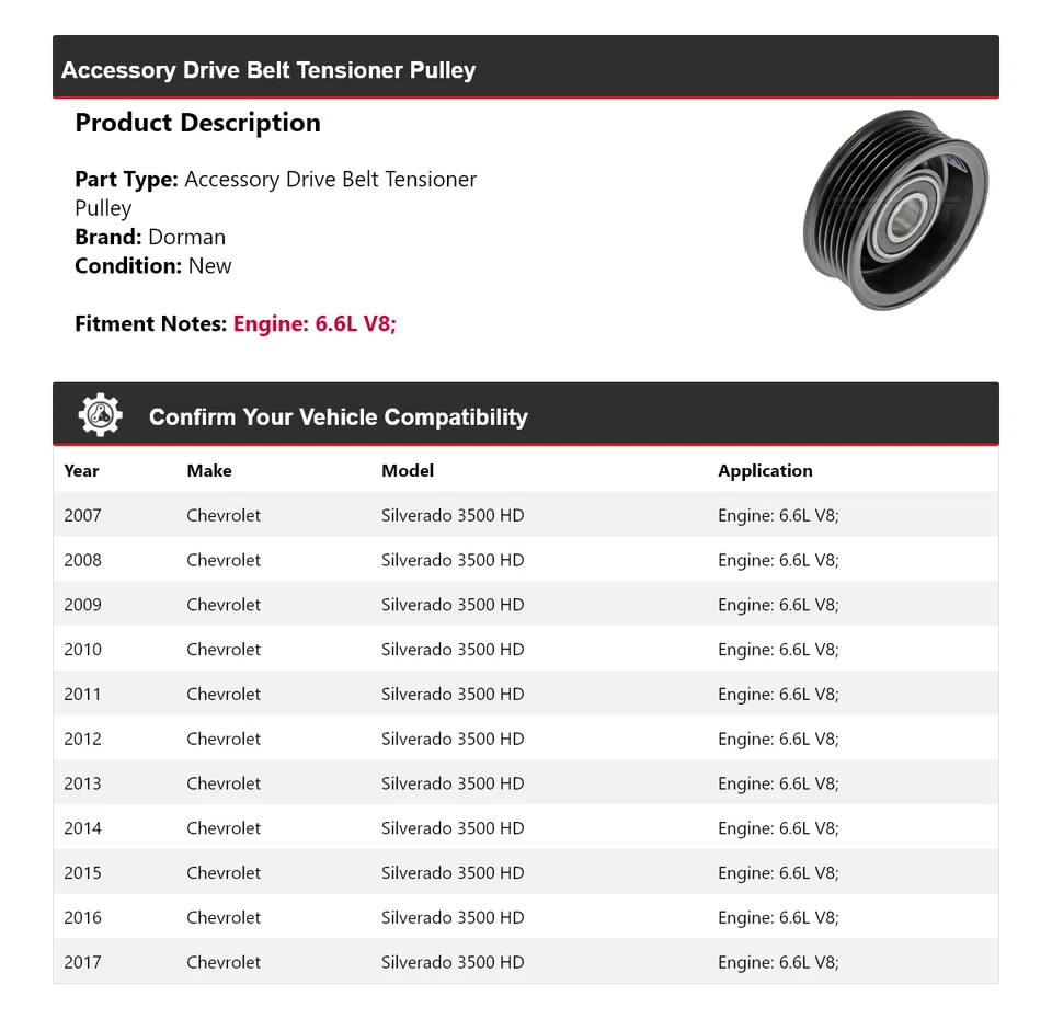 For 2007-2017 Chevrolet Silverado 3500 HD 6.6L V8 Dorman Belt Tensioner Pulley - Image 2 of 4