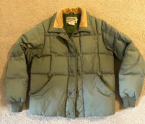 Vtg Cabelas Jacket Mens Medium Green Goose Down Quilted Puffer Corduroy Collar *