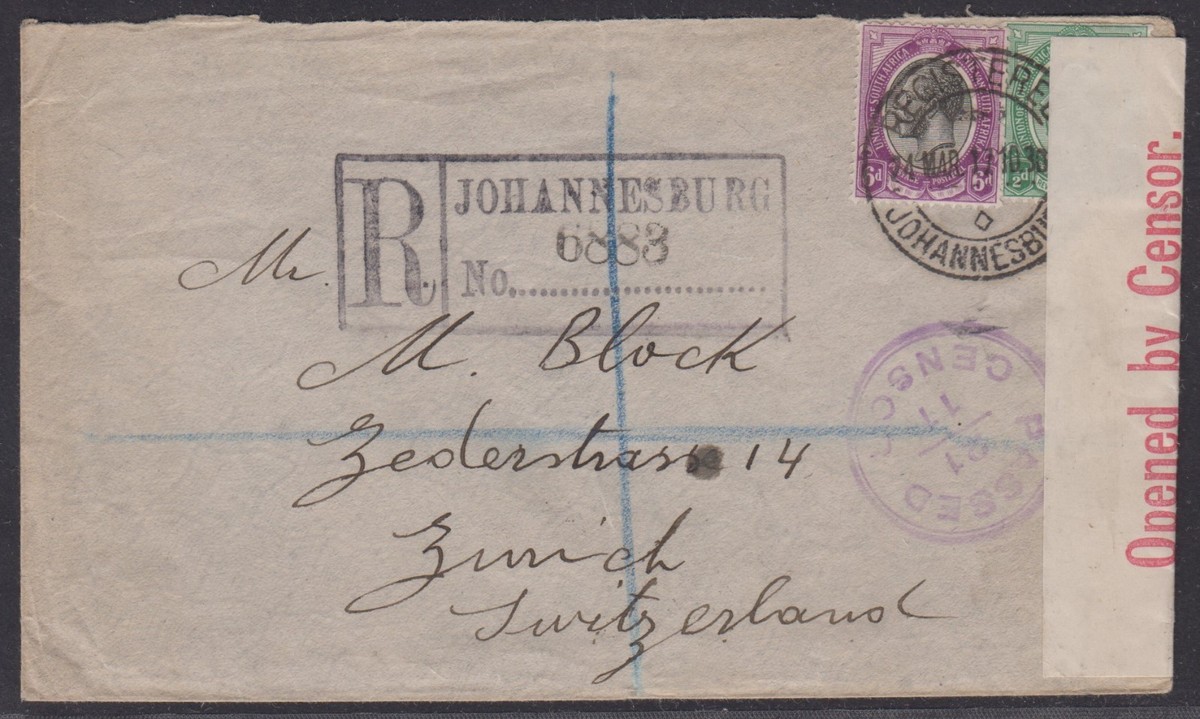 South Africa 1917 cover registered to Switzerland censored locally