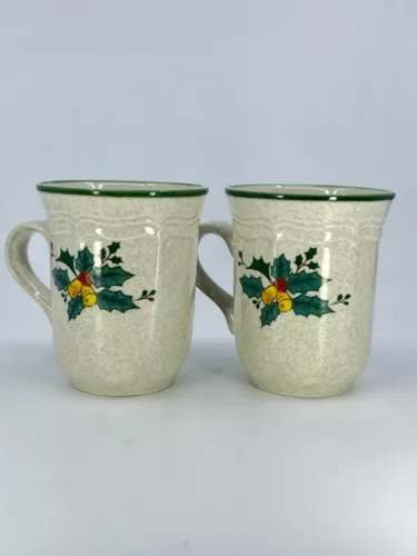 2 Mikasa Festive Season Tree Holly Holiday Coffee Mugs Japan Christmas EB 451 VT
