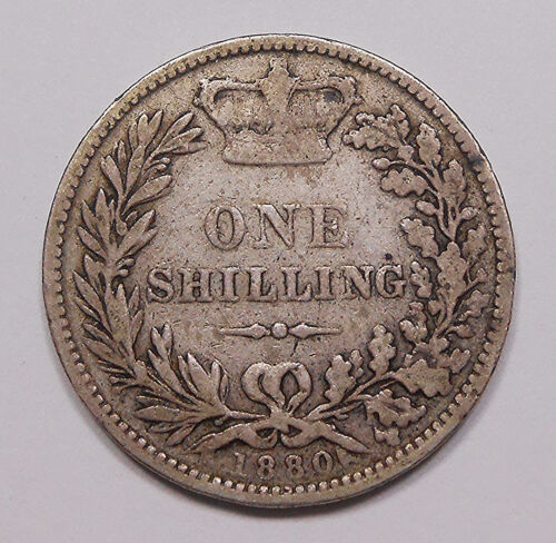 Great Britain 1880 SILVER Shilling VG-F BETTER Date Early Queen Victoria UK Coin