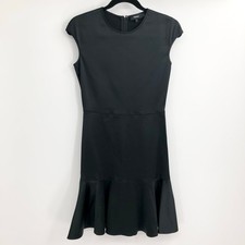 Theory Satin Little Black Dress Cap Sleeve Ruffle Hem Sleek Mini Dress Size 2
