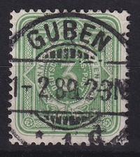 76206) GUBEN Gitterversuchsstempel 1889 zentrisch auf Mi.-Nr. 39 b